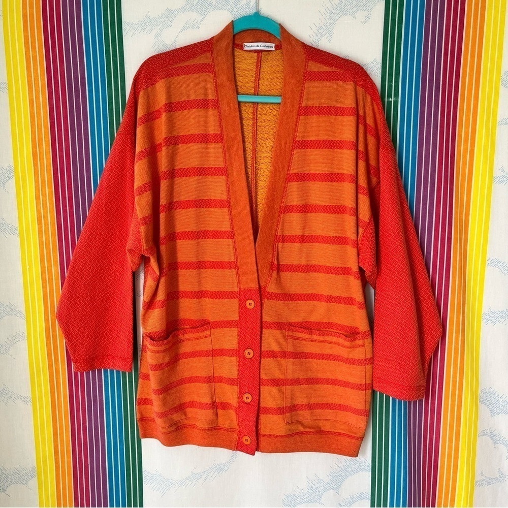 VINTAGE Christian de Castelnau orange striped cotton cardigan sweater large